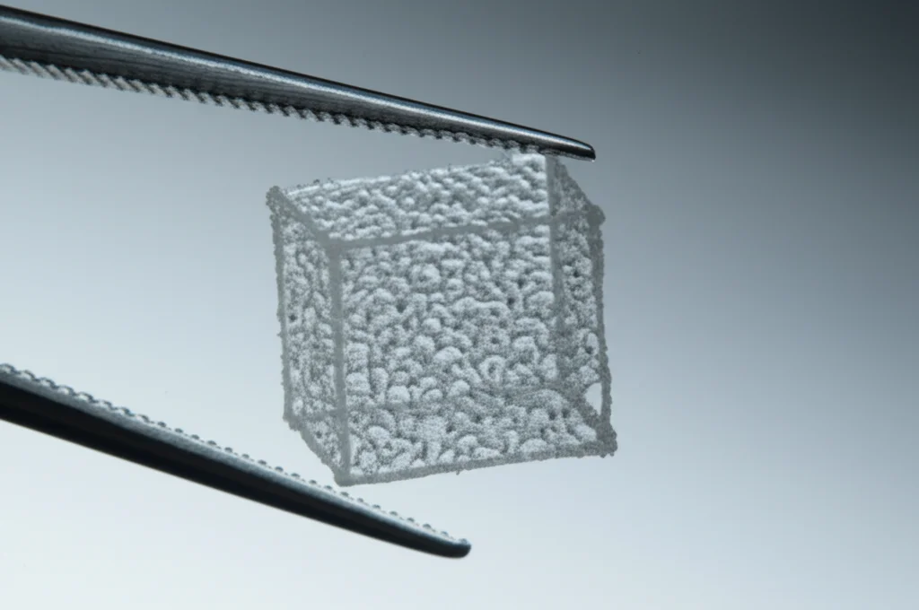 Immagine macro ad altissimo dettaglio di un piccolo scaffold cubico trasparente (dECM@exo) stampato in 3D, tenuto delicatamente da una pinzetta in un ambiente di laboratorio. L'idrogel mostra una struttura porosa interna. Obiettivo macro 60mm, illuminazione controllata per evidenziare la traslucenza e la struttura.