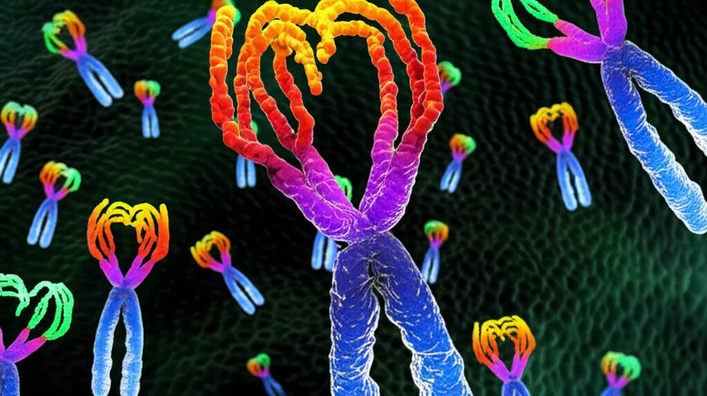 Immagine macro con lente da 85mm di estremità di cromosomi umani stilizzati, evidenziando le strutture protettive dei telomeri in colori vivaci, alta definizione, illuminazione controllata per dettaglio scientifico, sfondo scuro.