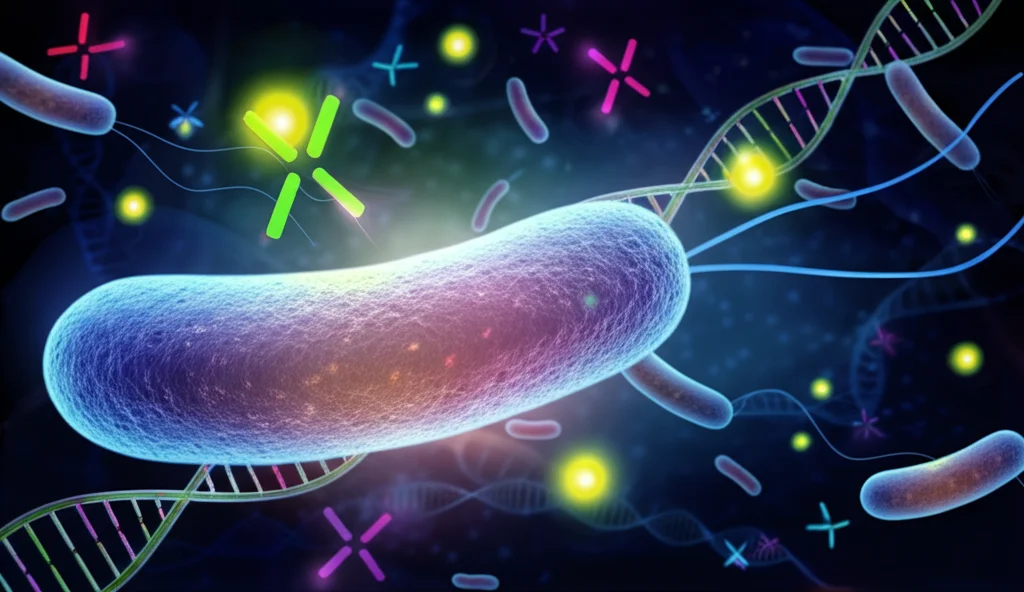 Visualizzazione artistica del trasferimento genico orizzontale tra batteri Enterobacter. Si vedono cellule batteriche stilizzate di forma allungata collegate da un pilus coniugativo. Plasmidi circolari luminosi si spostano da una cellula all'altra su uno sfondo scuro astratto con elementi genetici fluttuanti (DNA, fagi). Utilizzare un obiettivo macro da 60mm per dettagli elevati, stile illustrativo ma realistico.