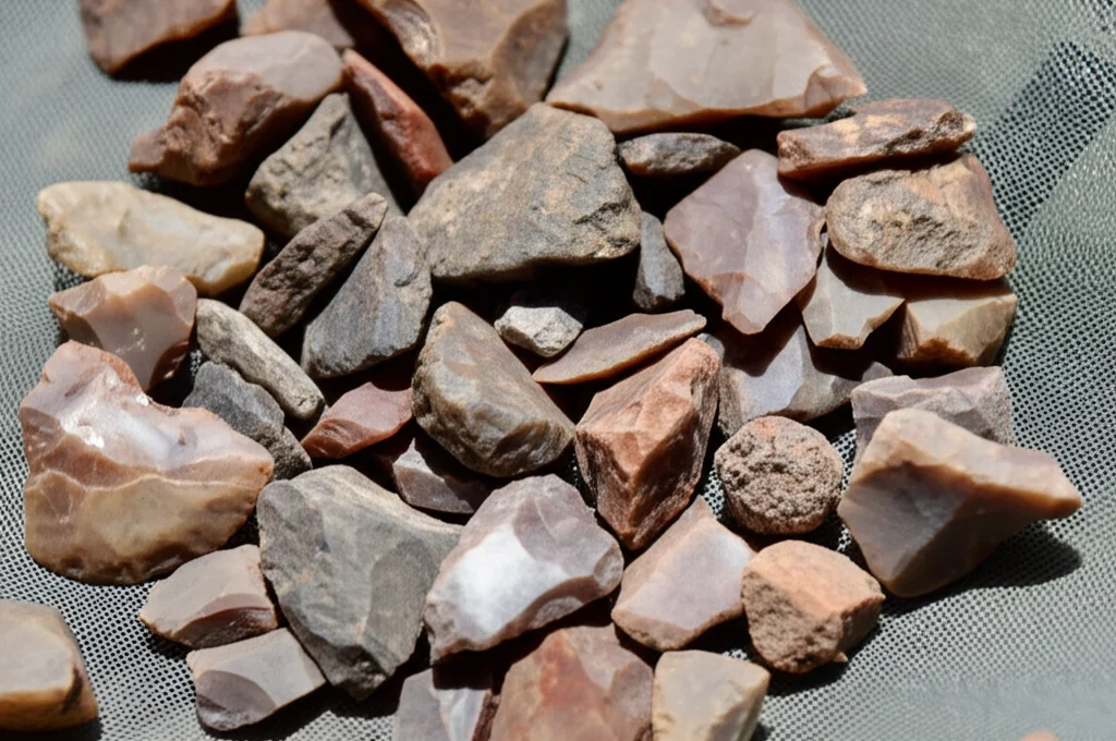 Fotografia macro, 90mm, di strumenti litici preistorici (raschiatoi, schegge di quarzo) appena scavati, adagiati su un setaccio archeologico nel sito di Nkungi, Tanzania, alta definizione, illuminazione controllata da campo.