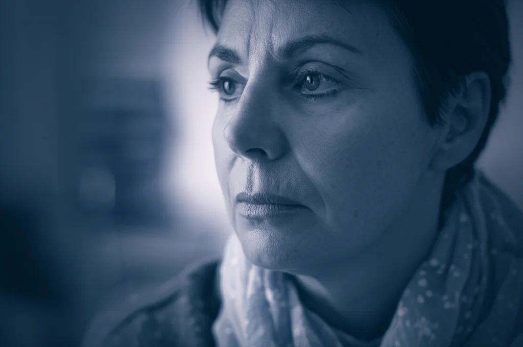 Ritratto fotografico di una donna di mezza età con espressione riflessiva, 35mm prime lens, profondità di campo ridotta per isolare il soggetto, duotono blu e grigio per suggerire la complessità delle malattie autoimmuni come LES o Artrite Reumatoide.