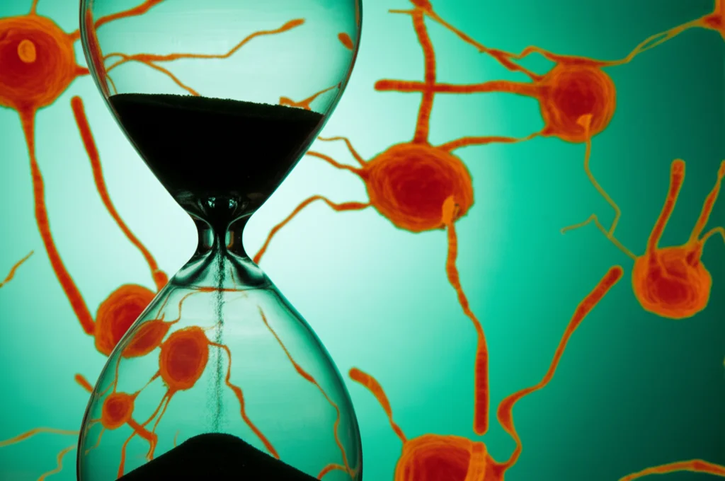 Still life concettuale con una clessidra quasi vuota accanto a una rappresentazione stilizzata di cellule immunitarie, lente macro 100mm, illuminazione drammatica controllata per simboleggiare l'accorciamento dei telomeri, l'invecchiamento cellulare e il legame con le malattie autoimmuni.