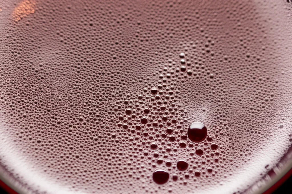Dettaglio macro della schiuma stabile e cremosa sulla superficie del vino spumante di ciliegia in un bicchiere da degustazione. Messa a fuoco ultra precisa sulle bollicine fini e sulla texture della schiuma, obiettivo macro 60mm, illuminazione controllata da studio per evidenziare la struttura delicata della spuma.