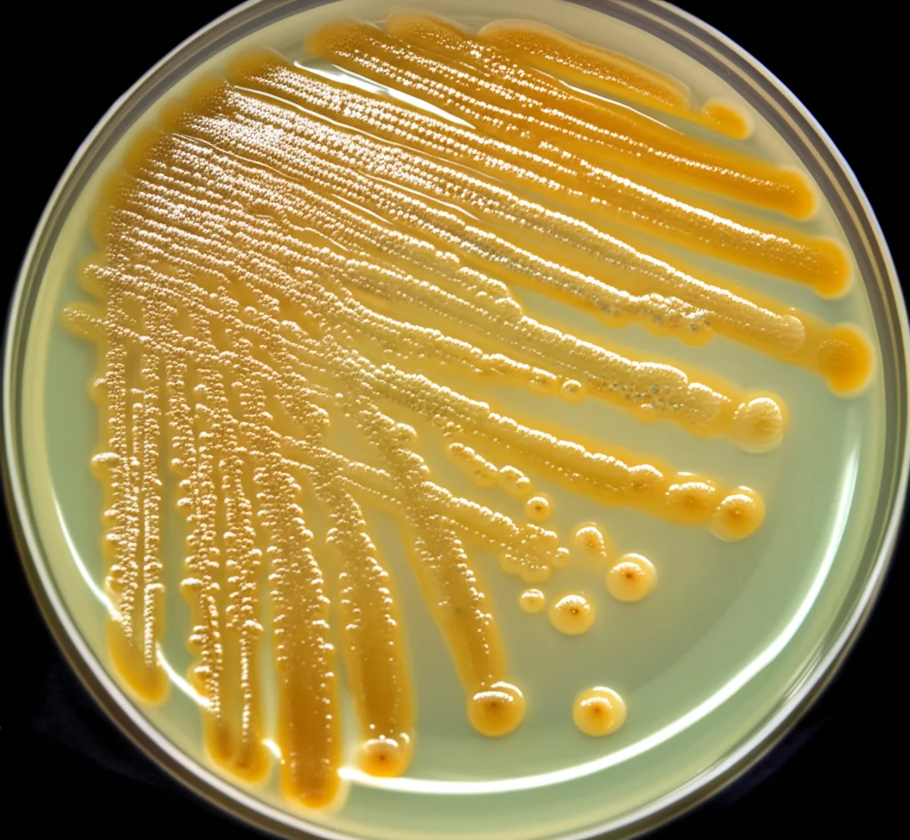 Immagine macrofotografica ad alta definizione di colonie batteriche di Staphylococcus aureus resistenti alla meticillina (MRSA) su una piastra di Petri, illuminazione controllata per evidenziare la struttura, obiettivo macro 100mm.