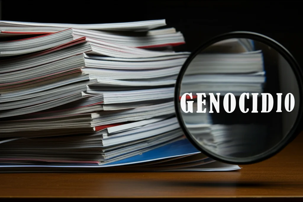 Una pila disordinata di riviste accademiche di criminologia su una scrivania buia, con una lente d'ingrandimento che evidenzia l'assenza della parola 'genocidio', macro lens 90mm, high detail, controlled lighting.