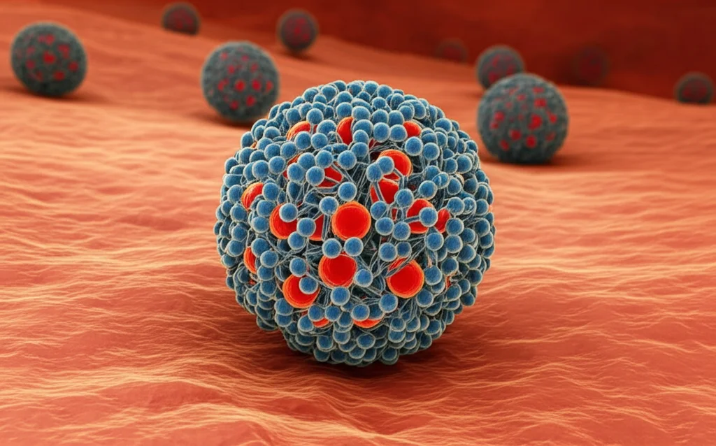 Visualizzazione 3D artistica e scientificamente accurata di nanocapsule lipidiche sferiche che rilasciano molecole di resveratrolo vicino a una membrana cellulare batterica, con dettagli precisi sulla struttura delle nanocapsule, stile fotorealistico.