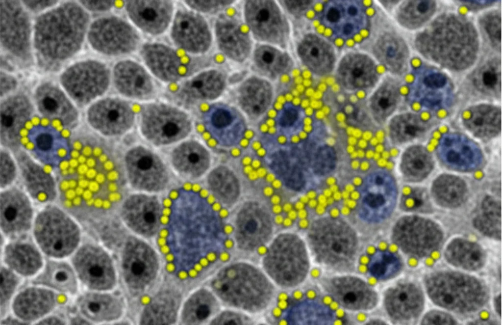Immagine al microscopio ad alta definizione (macro lens, 100mm, high detail, controlled lighting) che mostra cellule tumorali MCF-7 (irregolari, dai contorni sfumati) attaccate selettivamente da molecole di peptide TP4 (rappresentate come piccole sfere luminose), mentre cellule normali MCF-10 (più regolari e definite) nelle vicinanze rimangono intatte. L'illuminazione evidenzia l'interazione selettiva.