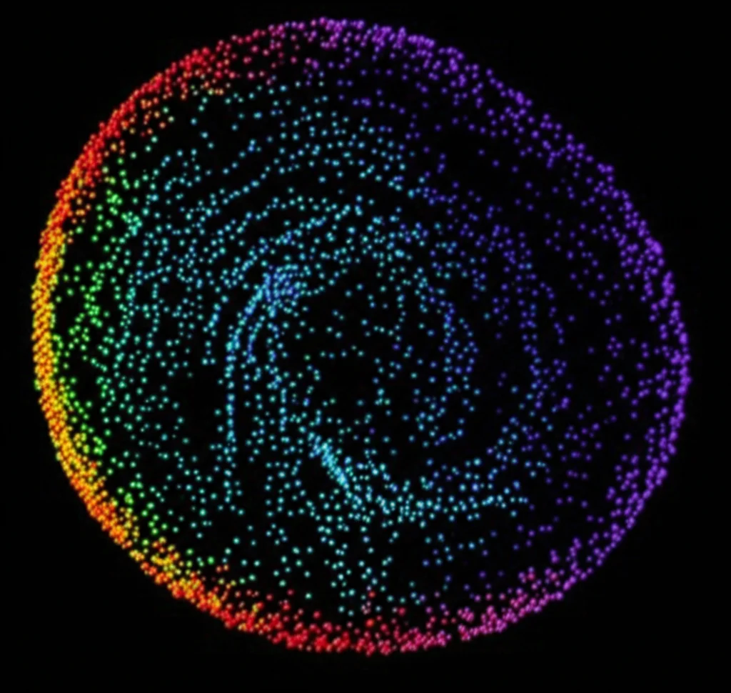 Visualizzazione scientifica 3D che mostra la traiettoria di sviluppo delle cellule cerebrali in un embrione di topo nel tempo. Cellule colorate si muovono e cambiano colore lungo percorsi definiti, rappresentando la differenziazione. Sfondo scuro, rendering ad alta fedeltà, stile 'nature methods'.
