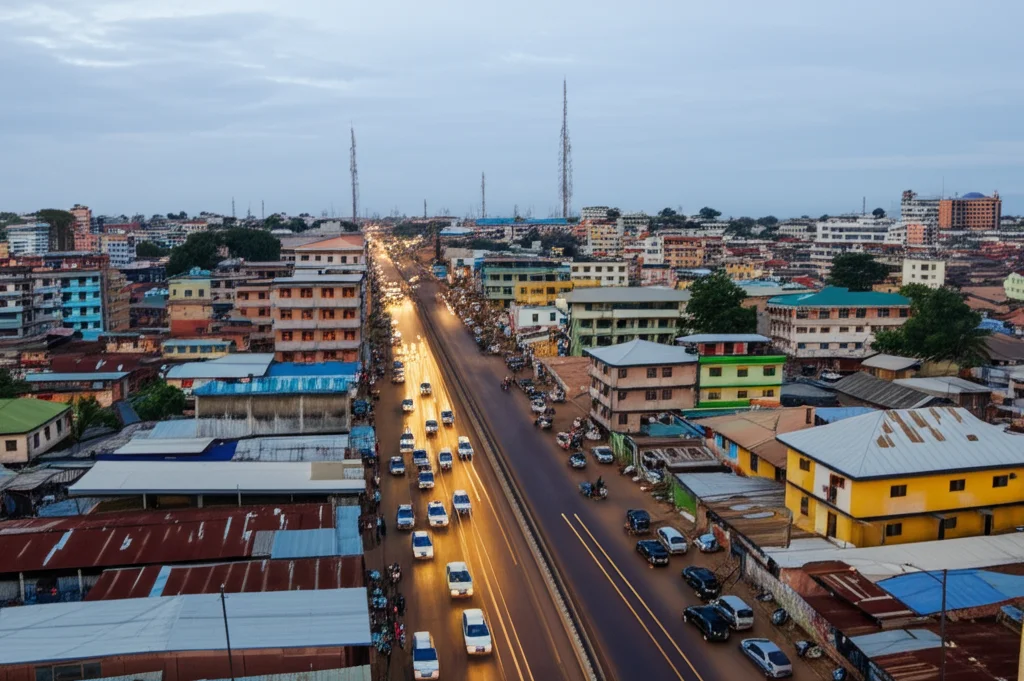 Veduta aerea di Conakry, Guinea, all'ora di punta, mostrando traffico congestionato su una strada principale che attraversa quartieri densamente popolati. Wide-angle lens, 15mm, long exposure to show light trails, sharp focus sulla densità urbana.