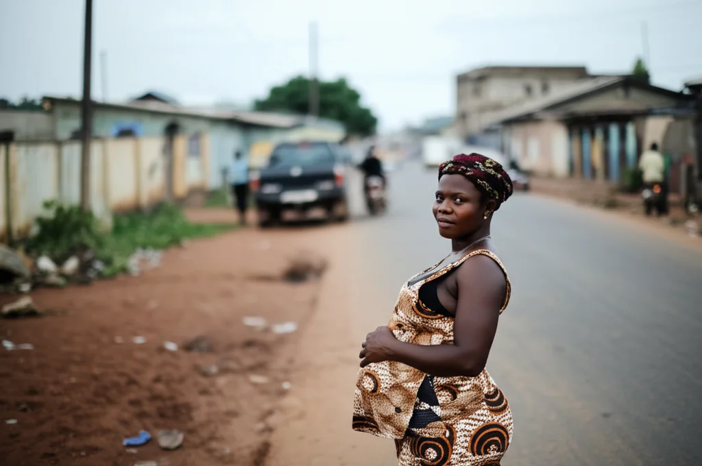 Donna incinta guineana che aspetta un mezzo di trasporto sul ciglio di una strada trafficata e polverosa in una zona peri-urbana di Conakry. Prime lens, 35mm portrait, depth of field, luce naturale del tardo pomeriggio che evidenzia l'attesa e l'ambiente circostante.