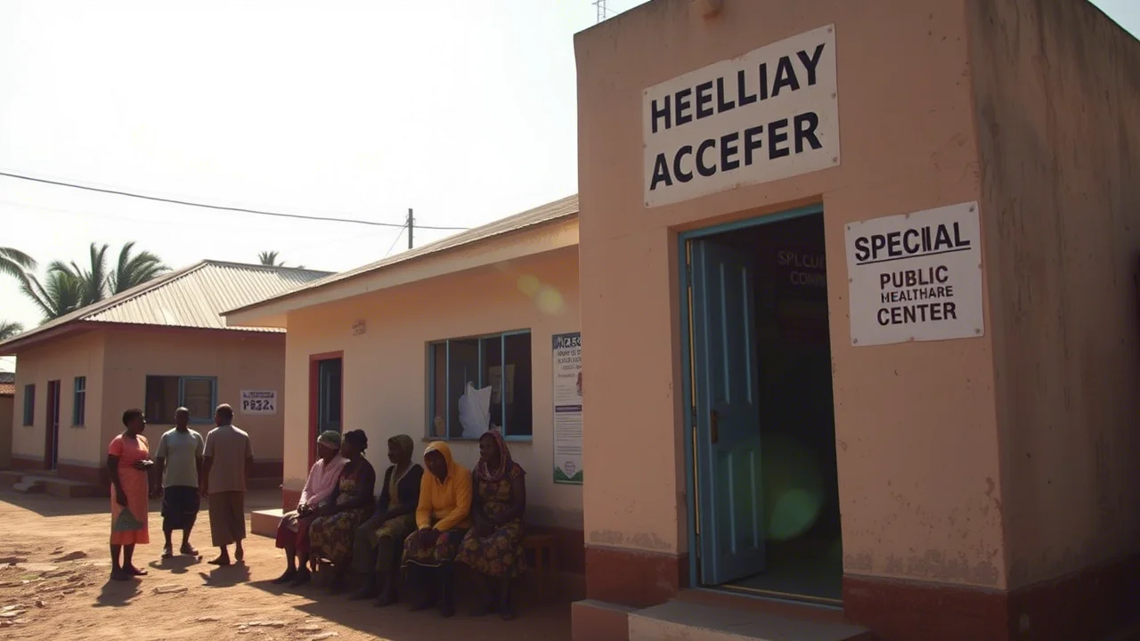 Esterno di un piccolo centro sanitario pubblico dall'aspetto modesto in un quartiere peri-urbano di Conakry, Guinea, con alcune persone in attesa fuori sotto il sole. Zoom lens, 50mm, luce diurna intensa, focus sui dettagli dell'edificio semplice e sulle figure umane in attesa.
