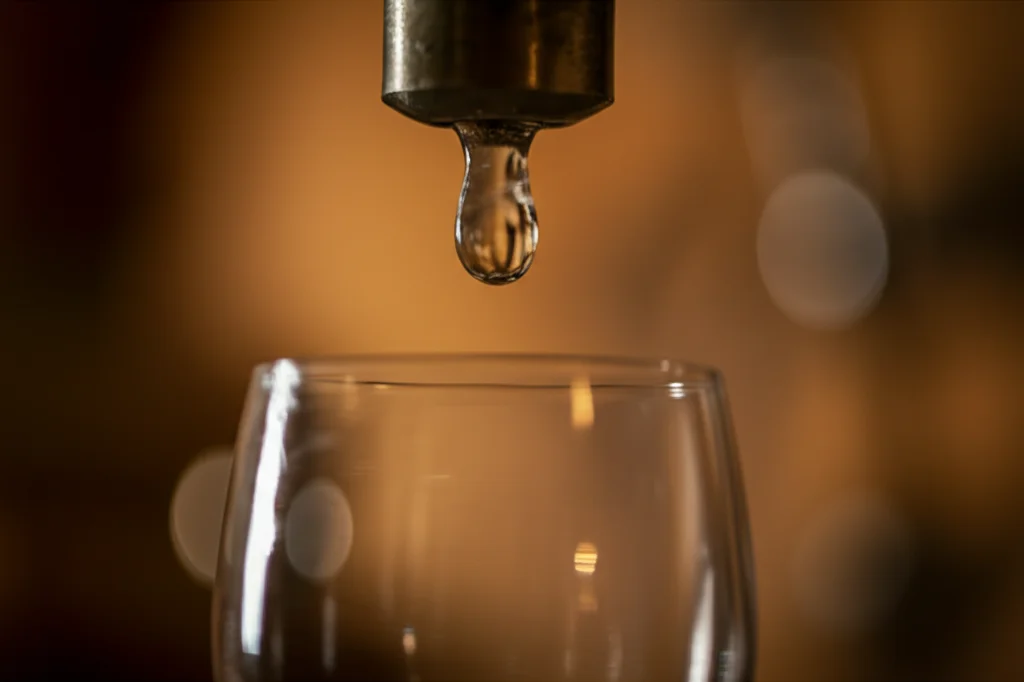 Primo piano macro di una goccia di acquavite di pere limpida che cade da un alambicco di rame tradizionale in un bicchiere da degustazione, illuminazione controllata calda, obiettivo macro 100mm, alta definizione dei riflessi nel liquido.