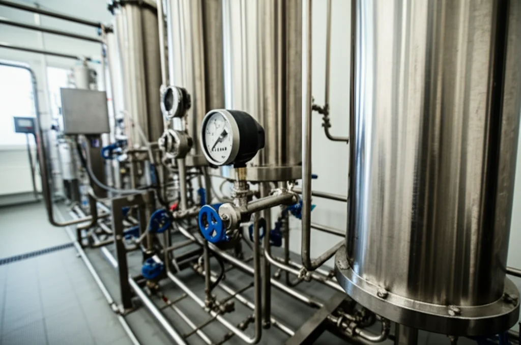 Fotografia di un moderno impianto di distillazione in acciaio inox con colonne multiple e sensori digitali, focus nitido sui manometri e sui tubi di flusso, obiettivo grandangolare 18mm, atmosfera da laboratorio high-tech pulita e luminosa.