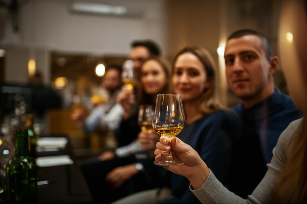 Ritratto di un gruppo di persone sorridenti che degustano brandy in bicchieri tulipano durante una valutazione sensoriale in una sala luminosa, luce calda e soffusa, profondità di campo ridotta focalizzata sui bicchieri, obiettivo 50mm.