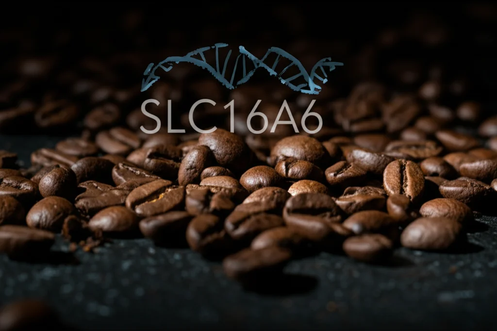 Primo piano di chicchi di caffè tostati sparsi su una superficie scura, con una rappresentazione grafica stilizzata del gene SLC16A6 sovrapposta. Illuminazione drammatica laterale, obiettivo macro 100mm, alta definizione dei chicchi, focus selettivo.