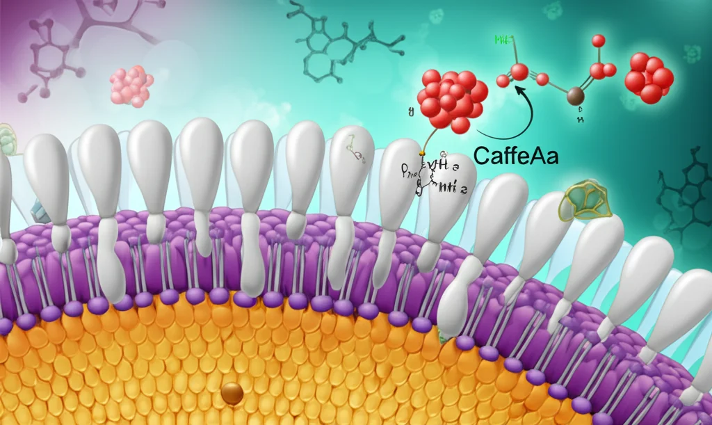 Illustrazione scientifica che mostra la proteina SLC16A6 sulla membrana cellulare mentre trasporta molecole, con una molecola di caffeina che si lega ad essa. Sfondo astratto con elementi cellulari e metabolici. Stile grafico pulito, colori chiari.