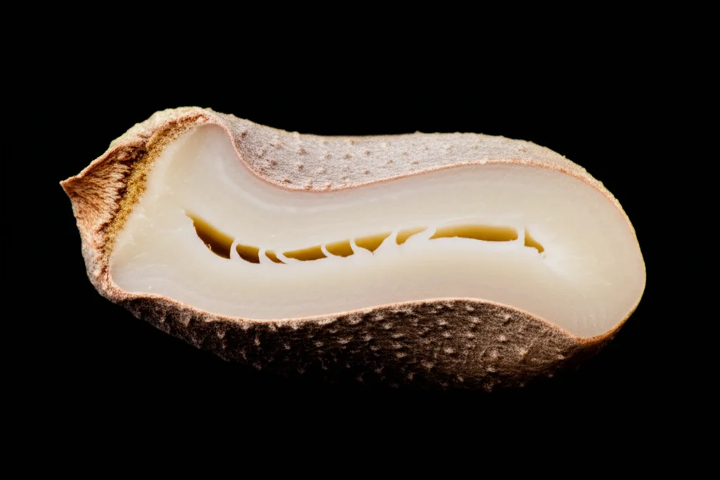 Macro fotografia di un seme di Pinus armandi sezionato, mostrando l'endosperma biancastro. Obiettivo macro 100mm, alta definizione, messa a fuoco precisa sulla texture interna del seme, illuminazione controllata per evidenziare i dettagli microscopici.