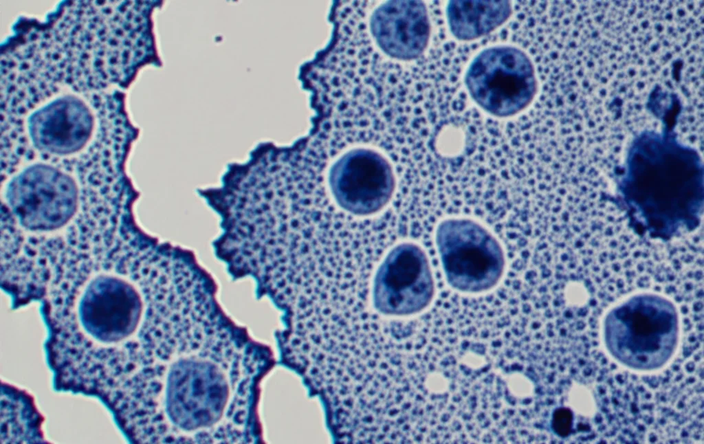 Fotografia macro di cellule tiroidee in coltura, obiettivo 90mm, alta definizione, illuminazione controllata da laboratorio, che mostra differenze morfologiche indicative di stress ossidativo tra due campioni distinti.