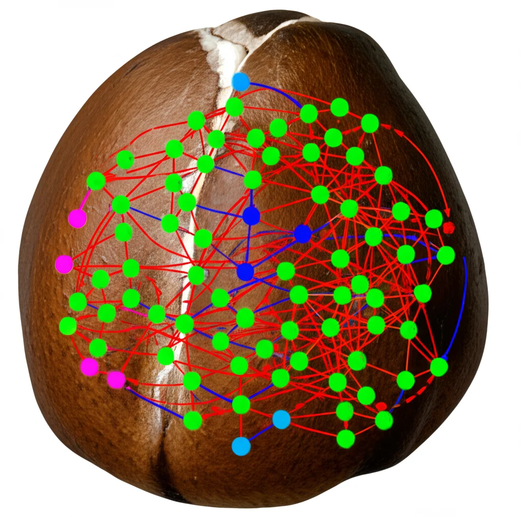 Visualizzazione astratta di una rete di interazioni microbiche complesse all'interno di un seme di pino. Nodi colorati rappresentano generi fungini (rosa/viola) e batterici (verde/blu), linee rosse (interazioni positive) e blu (interazioni negative) collegano i nodi. Stile grafico scientifico ma visivamente accattivante, sfondo scuro che simboleggia l'interno del seme.