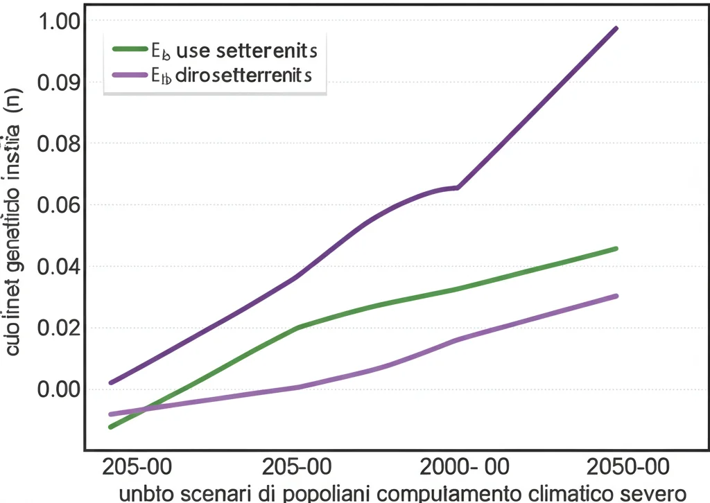 Grafico scientifico concettuale che mostra due curve parallele su un asse temporale futuro (2050-2100). Una curva (verde) rappresenta l'aumento dell'offset genetico di Pinus armandi, l'altra (viola) rappresenta l'aumento dell'offset della composizione endofitica, entrambe più ripide per le popolazioni settentrionali sotto scenari di cambiamento climatico severo (es. SSP5-8.5). Stile infografica chiara.