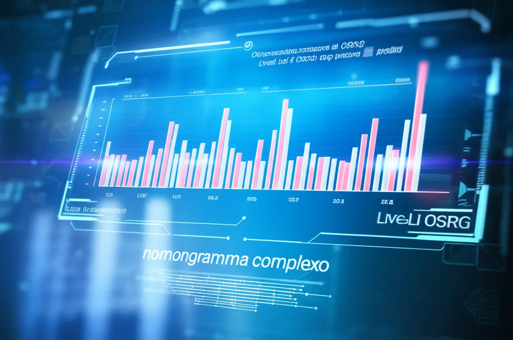 Visualizzazione grafica di un nomogramma complesso su uno schermo digitale, che integra dati genetici (livelli di espressione dei 6 OSRG) e fattori clinici per predire la sopravvivenza nel cancro alla tiroide. Stile high-tech, messa a fuoco precisa sui grafici, illuminazione controllata.
