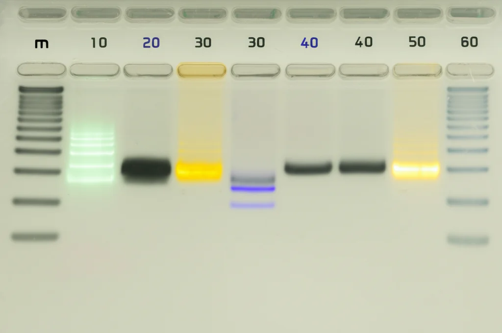Visualizzazione di un gel di agarosio con bande di DNA risultanti da una PCR multiplex. Le bande luminose rappresentano i frammenti amplificati (ampliconi) di diverse dimensioni, confrontati con un marcatore di peso molecolare. Illuminazione UV su transilluminatore, dettaglio sui pozzetti e sulle bande.