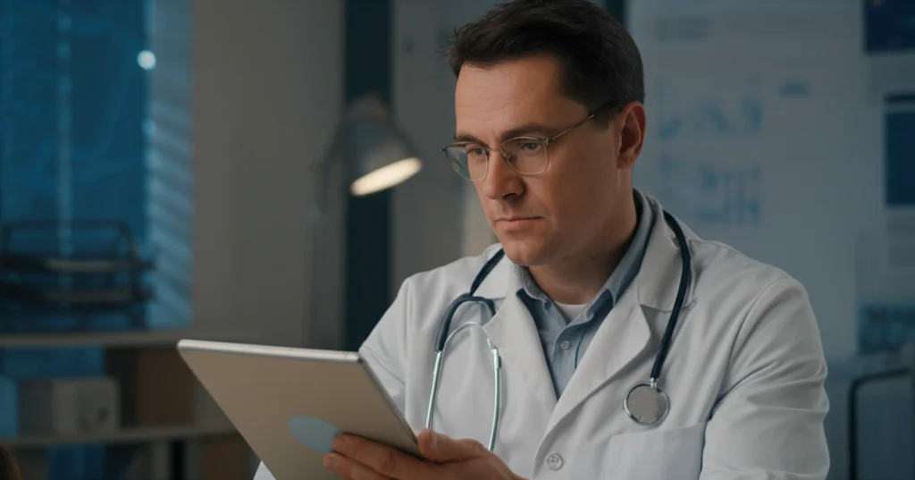 Medico che osserva attentamente un tablet che mostra i risultati di un'analisi AI con grafici SHAP e livelli di biomarcatori evidenziati, espressione concentrata ma speranzosa, luce soffusa da ufficio, profondità di campo ridotta, obiettivo 50mm.