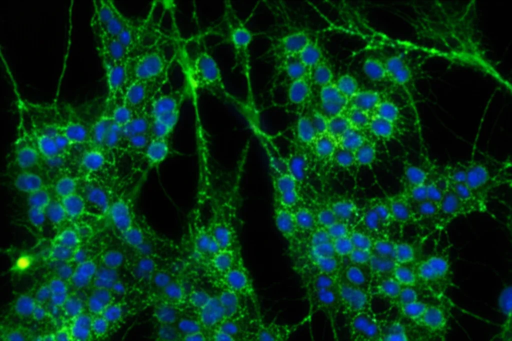 Immagine al microscopio di colonie di cellule staminali umane (ESC e ffEPSC) su piastra di coltura, alcune cellule evidenziate con colori fluorescenti per mostrare l'eterogeneità, macro lens, 60mm, high detail, precise focusing, controlled lighting.