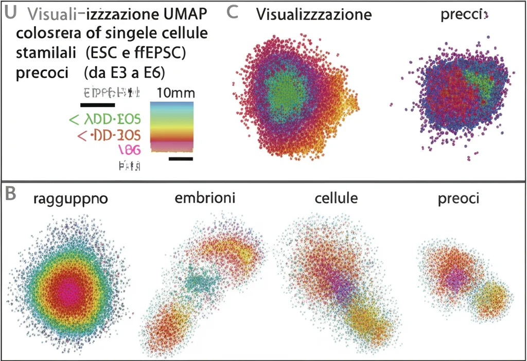 Visualizzazione UMAP colorata che mostra il clustering di singole cellule staminali (ESC e ffEPSC) insieme a cellule di embrioni umani precoci (da E3 a E6), evidenziando come le diverse popolazioni cellulari si raggruppano in base allo stadio di sviluppo, wide-angle lens, 10mm, sharp focus.