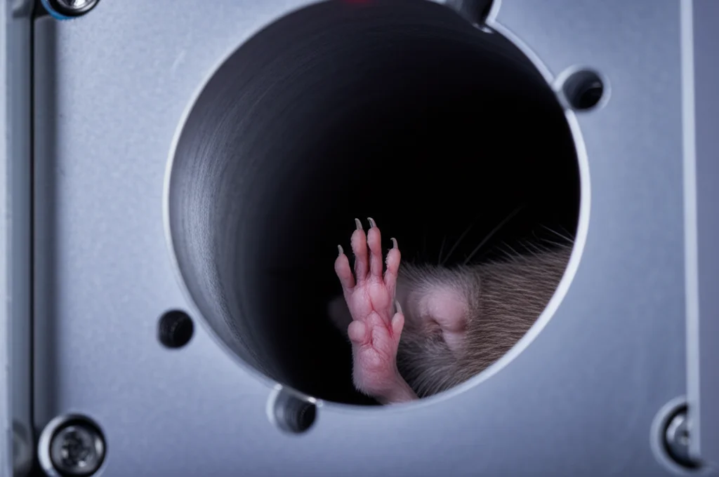 Fotografia macro, obiettivo 85mm, della zampa posteriore di un ratto da laboratorio posizionata con cura all'interno dell'apertura cilindrica di un dispositivo trasformatore a potenziale vettore (VP) elegante e moderno. Illuminazione controllata da laboratorio che evidenzia la texture del pelo e la superficie del dispositivo. Alto dettaglio, messa a fuoco precisa.