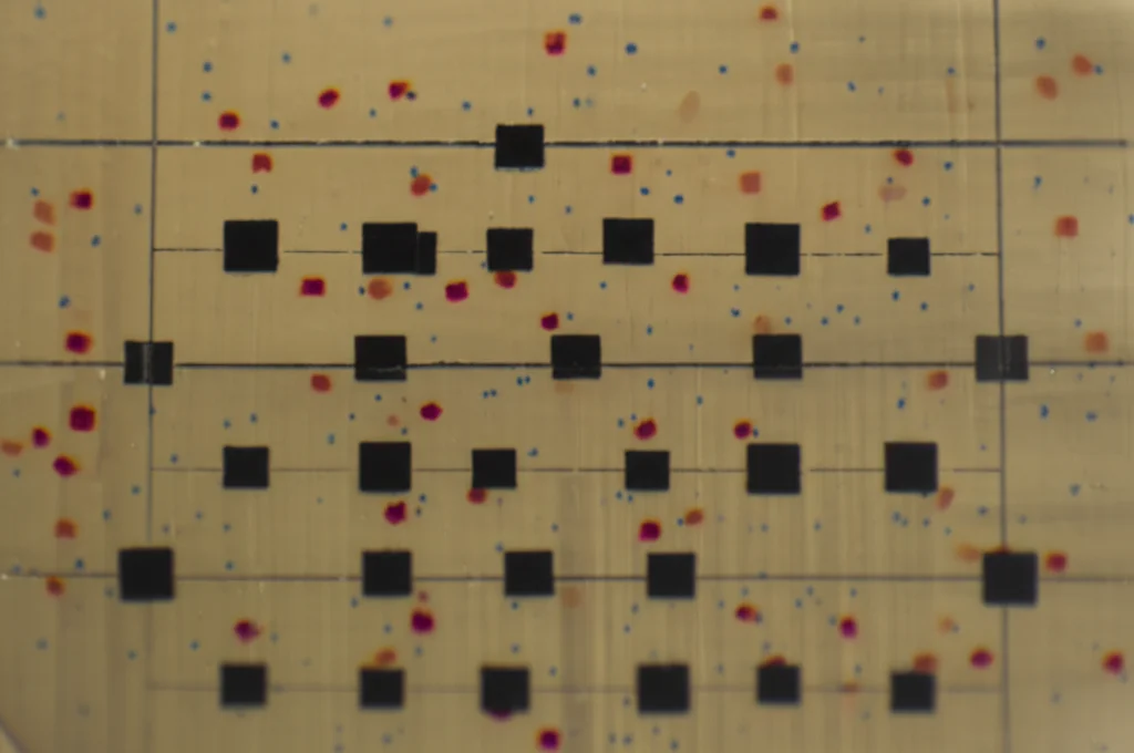 Fotografia macro (obiettivo 85mm) di un chip MEA (Microelectrode Array) con neuroni coltivati visibili attorno agli elettrodi quadrati scuri. Luce da laboratorio controllata, messa a fuoco precisa e alta definizione dei dettagli cellulari e degli elettrodi.