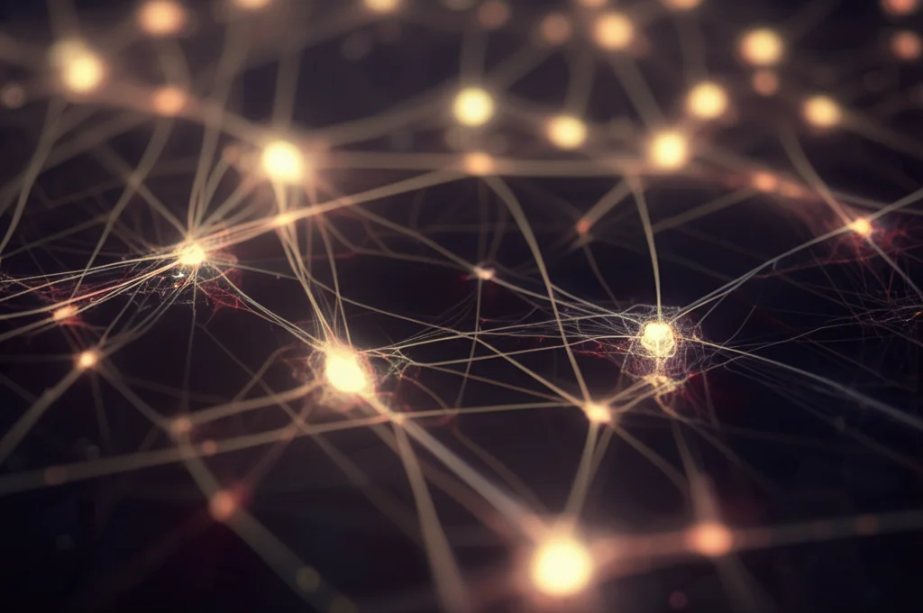 Visualizzazione astratta di una rete neurale, macro lens 100mm, high detail, nodi luminosi interconnessi su sfondo scuro che rappresentano neuroni e sinapsi, con alcuni nodi più luminosi che indicano attività di 'firing', precise focusing.