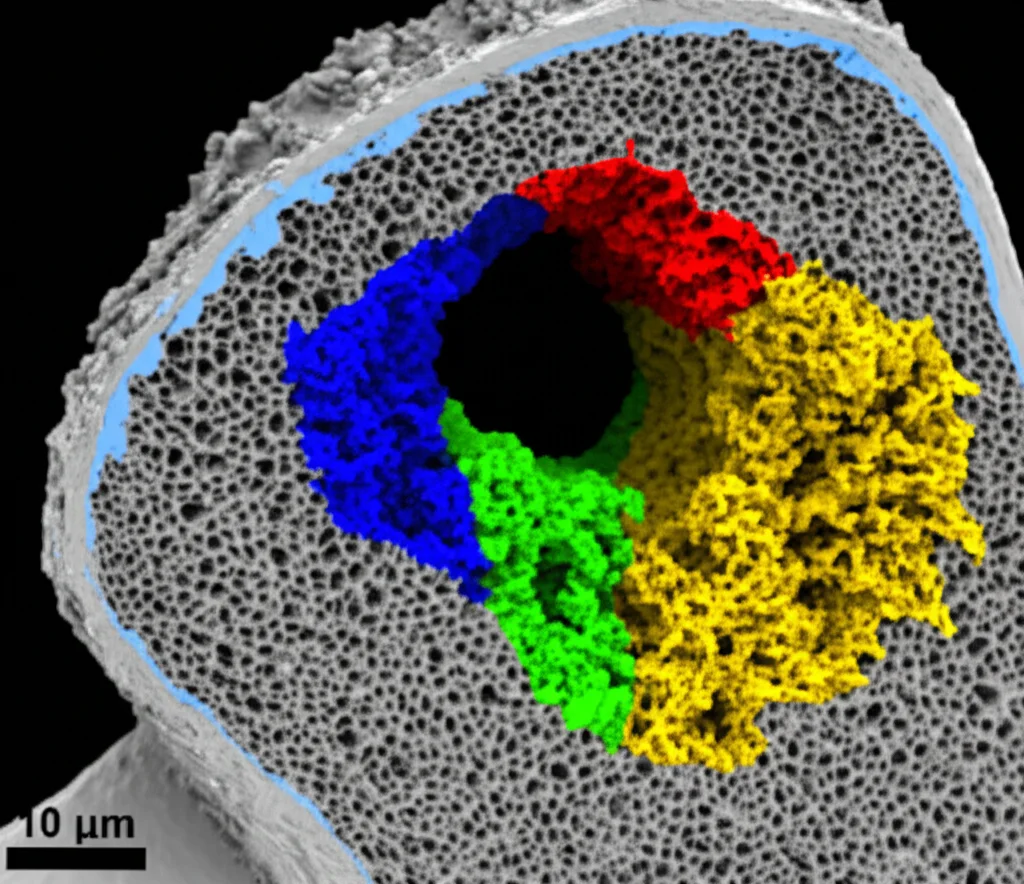Rendering 3D fotorealistico basato su dati di scansione micro-CT, che mostra una sezione trasversale di una tibia di ratto con una lesione da foro. Evidenzia l'osso neoformato che colma il difetto, utilizzando colori contrastanti per l'osso originale e la nuova crescita. Stile di visualizzazione scientifica, alto dettaglio.