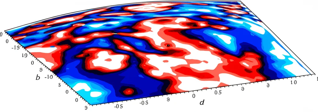 Grafico scientifico 2D, wide-angle 10mm, sharp focus, simile a una mappa topografica colorata, che mostra regioni distinte di stabilità (blu scuro) e instabilità (rosso/bianco brillante) in funzione dei parametri 'b' (connettività) e 'd' (ritardo) per il modello NNLIF.