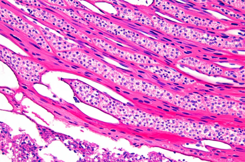 Immagine microscopica, alto ingrandimento (obiettivo 40x), che mostra cellule osteoblastiche (forma cuboidale, citoplasma abbondante) che rivestono una superficie ossea (trabecola). Utilizzo di colori realistici da colorazione istologica (es. HeE - citoplasma rosa, nuclei viola). Alto dettaglio, messa a fuoco nitida.