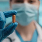Immagine fotorealistica di una capsula di Molnupiravir tenuta delicatamente tra le dita di un medico o farmacista che indossa guanti medicali blu. Lo sfondo è volutamente sfocato (bokeh) e mostra l'interno di una farmacia o di un ambulatorio medico moderno e luminoso. L'illuminazione è professionale e mette in risalto la capsula. Obiettivo prime 50mm, profondità di campo ridotta.