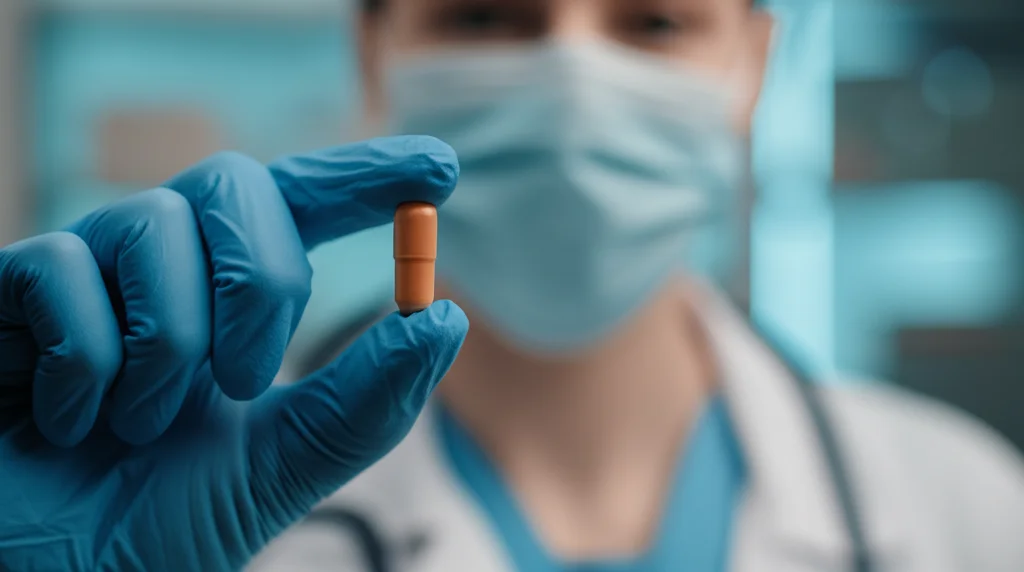 Immagine fotorealistica di una capsula di Molnupiravir tenuta delicatamente tra le dita di un medico o farmacista che indossa guanti medicali blu. Lo sfondo è volutamente sfocato (bokeh) e mostra l'interno di una farmacia o di un ambulatorio medico moderno e luminoso. L'illuminazione è professionale e mette in risalto la capsula. Obiettivo prime 50mm, profondità di campo ridotta.