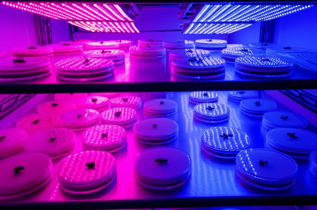 Scaffalature illuminate da luci LED colorate (rosse, blu, bianche e una sezione al buio) contenenti piastre di Petri con callo di Nigella sativa. Ambiente high-tech di un laboratorio di coltura tissutale. Obiettivo grandangolare 24mm per catturare l'intera scena sperimentale, messa a fuoco nitida.