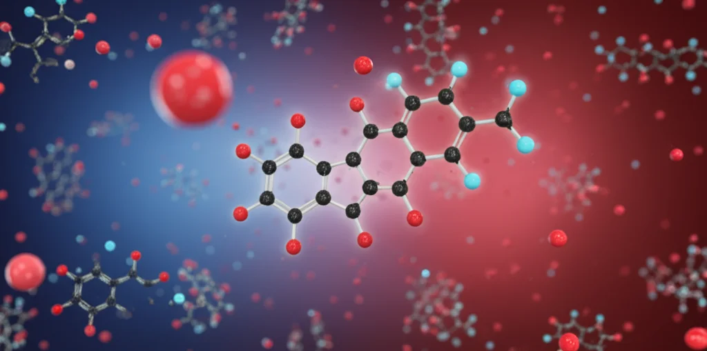 Visualizzazione scientifica astratta di molecole di timochinone (struttura chimica stilizzata) che interagiscono con nanoparticelle sferiche luminescenti su uno sfondo che sfuma dal blu al rosso, simboleggiando l'influenza dei LED. Rendering 3D ad alto dettaglio, stile fotorealistico.