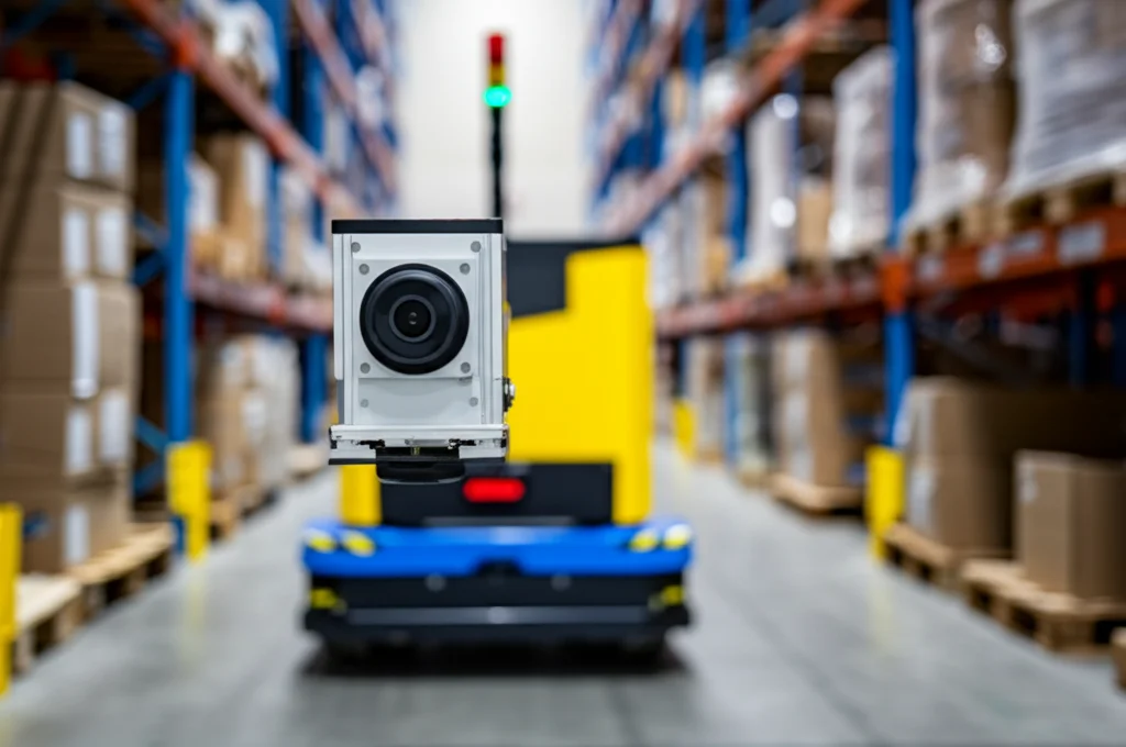 Sensore LiDAR compatto montato sulla parte anteriore di un veicolo industriale autonomo (AGV) fermo in un corridoio di magazzino moderno e ben illuminato. Dettaglio macro sul sensore, 85mm, messa a fuoco precisa.