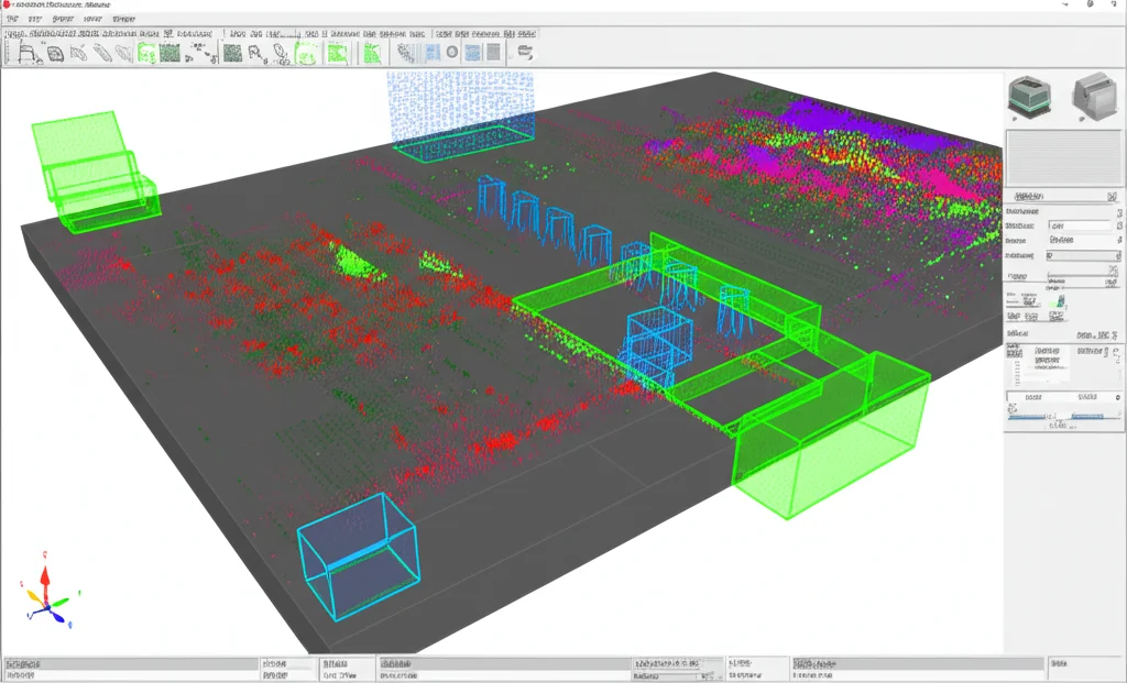 Schermata di un software che mostra una nuvola di punti LiDAR 3D di un ambiente industriale. Punti colorati rappresentano il terreno (filtrato), elementi statici (filtrati) e ostacoli dinamici (evidenziati con bounding box verdi). Interfaccia grafica pulita.