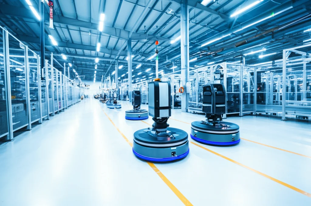 Visione grandangolare dell'interno di una fabbrica high-tech con diversi AGV che si muovono autonomamente lungo percorsi designati, luce ambientale brillante, 18mm, messa a fuoco nitida sull'intero scenario.
