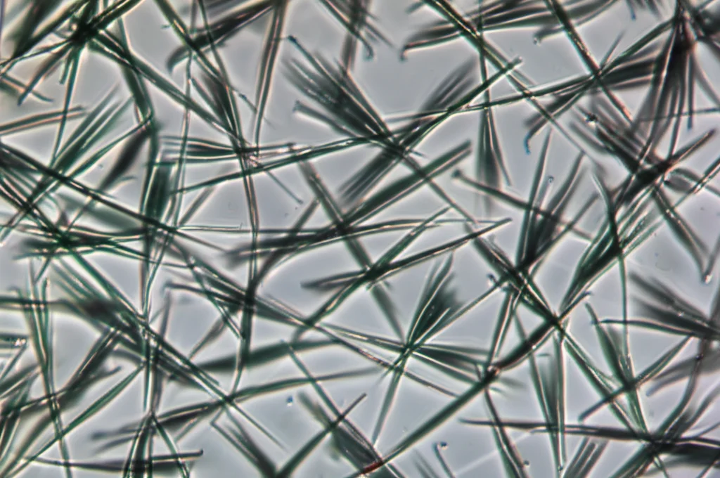 Macro fotografia di cellule staminali dentali fusiformi (DFSC e DPSC) in coltura in una piastra di Petri, osservate al microscopio ottico. Luce di laboratorio controllata, alta definizione dei dettagli cellulari, obiettivo macro 90mm, messa a fuoco precisa sulle cellule adese al fondo della piastra.
