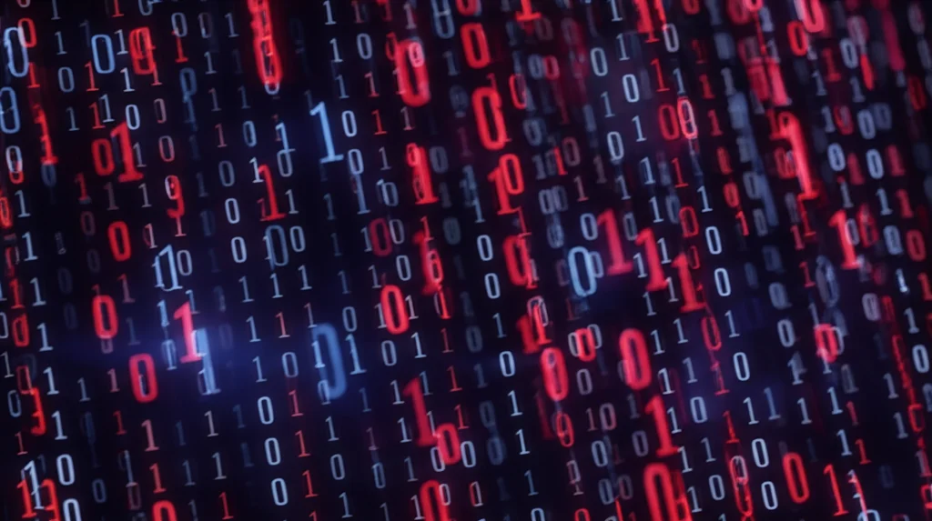 Visualizzazione astratta 3D di sequenze binarie (0 e 1) fluttuanti nello spazio, alcune sequenze si sovrappongono parzialmente creando interferenze luminose rosse, mentre altre rimangono distinte con aloni blu. Obiettivo 50mm, profondità di campo ridotta, sfondo scuro tecnologico, illuminazione drammatica.