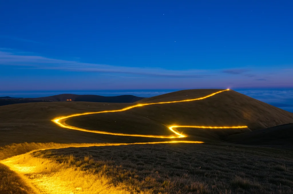 Fotografia grandangolare di un paesaggio montano vasto all'alba, con sentieri luminosi che si biforcano rappresentando diverse direzioni di ricerca future. Obiettivo grandangolare 14mm, lunga esposizione per nuvole soffici, messa a fuoco nitida sulle montagne, simboleggia le prospettive aperte.
