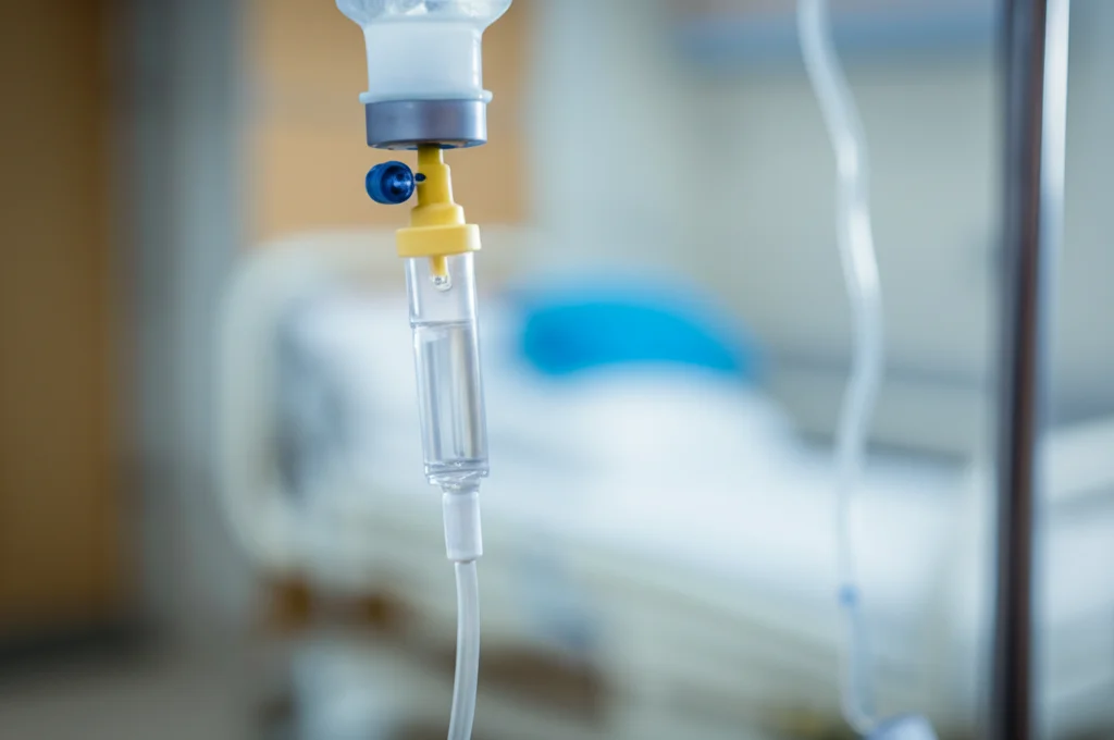 Fotografia macro di una flebo di chemioterapia con gocce che cadono lentamente, messa a fuoco precisa sui dettagli della flebo, sfondo sfocato di una stanza d'ospedale con illuminazione controllata, obiettivo macro 100mm.