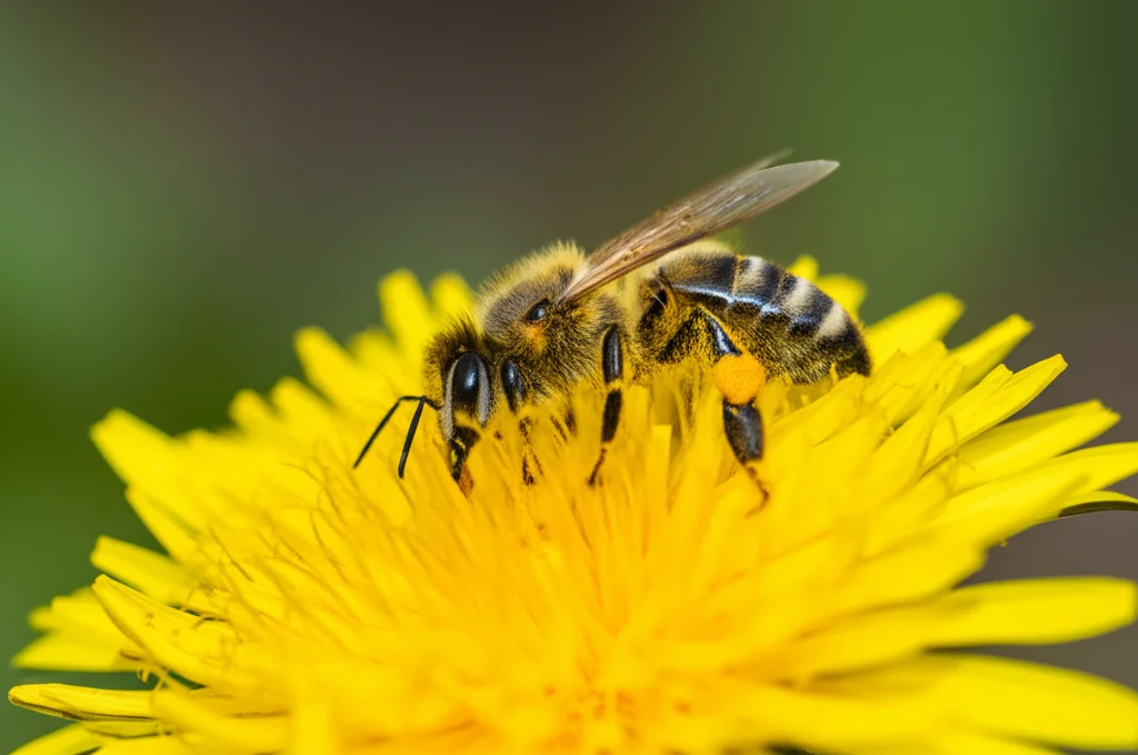 Foto macro ad alto dettaglio di un'ape solitaria (Osmia) che raccoglie polline da un fiore giallo brillante di Tarassaco (dente di leone) nel sottobosco di un frutteto. Obiettivo macro 100mm, messa a fuoco precisa sull'ape e sul fiore, illuminazione naturale controllata.