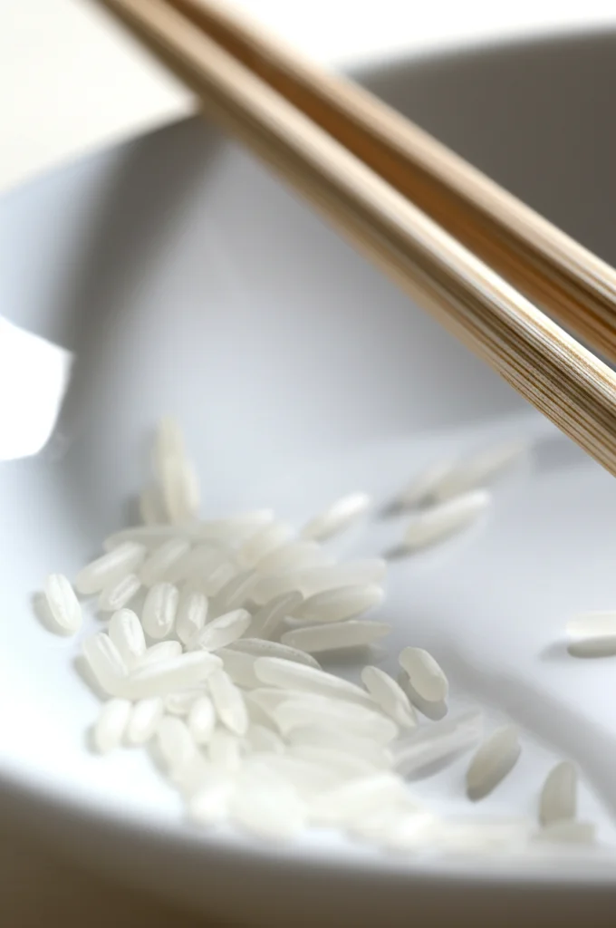 Fotografia macro di una ciotola quasi vuota con pochi chicchi di riso e un paio di bacchette appoggiate. Illuminazione controllata laterale per enfatizzare la texture e la scarsità del cibo. Obiettivo macro 100mm, alta definizione, focus preciso sui chicchi di riso.