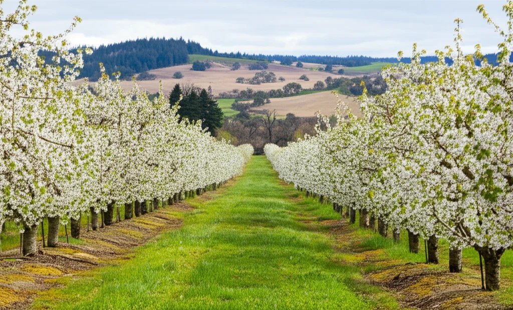 Paesaggio grandangolare di un frutteto di ciliegi in Oregon durante la fioritura. Si vedono le file di alberi in fiore e il sottobosco verde tra le file. Sullo sfondo, colline con frammenti di savana di quercia. Obiettivo grandangolare 15mm, messa a fuoco nitida, luce diurna.