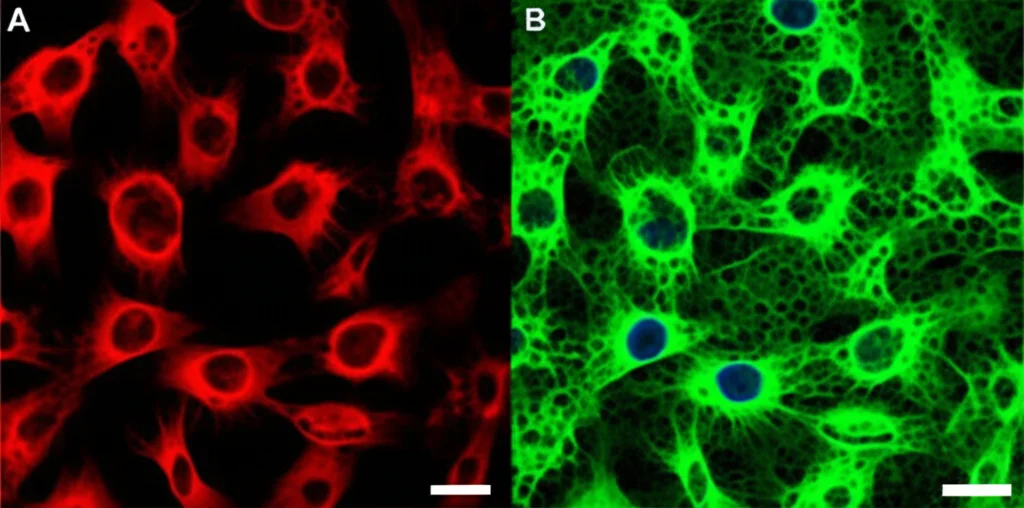 Microscopia a fluorescenza che mostra cellule tumorali (prolattinoma, linea MMQ) in coltura. Alcune cellule sono trattate con colesterolo e mostrano una minore risposta (es. meno apoptosi, più crescita) al farmaco cabergolina rispetto alle cellule non trattate. Obiettivo macro 60mm, alta definizione, illuminazione controllata per dettagli cellulari.